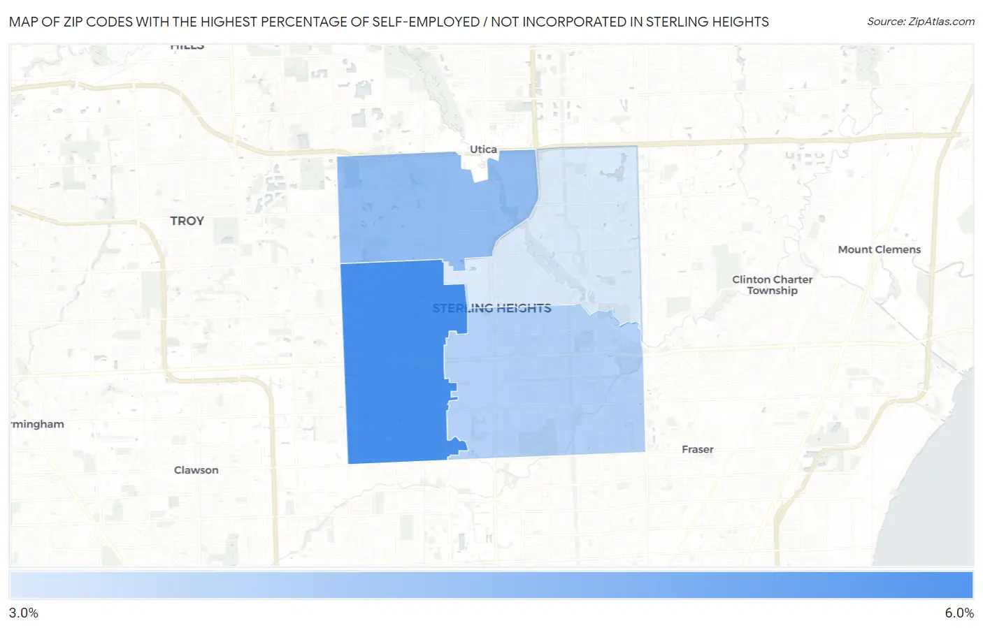 Zip Codes with the Highest Percentage of Self-Employed / Not Incorporated in Sterling Heights Map
