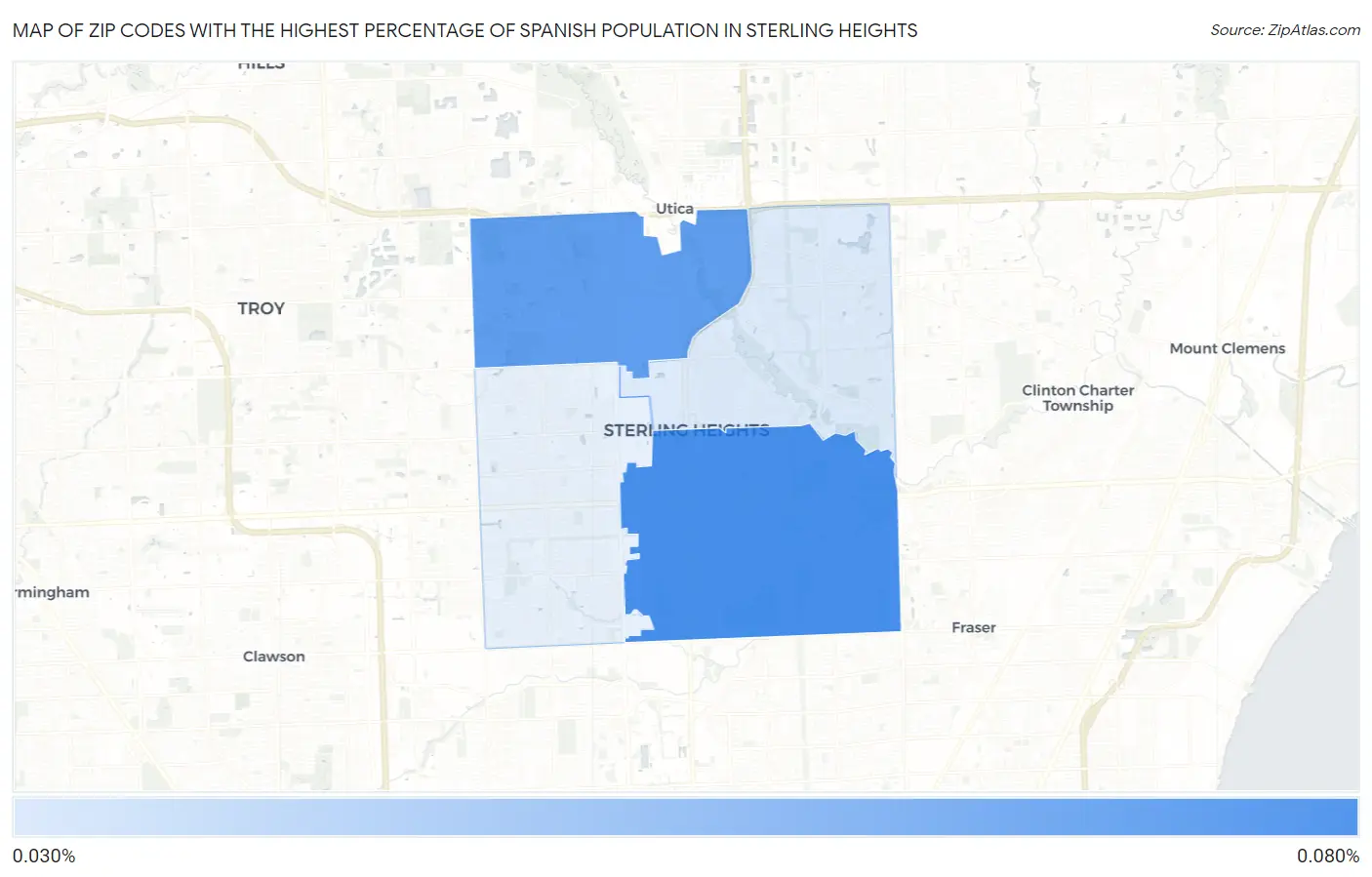 Zip Codes with the Highest Percentage of Spanish Population in Sterling Heights Map