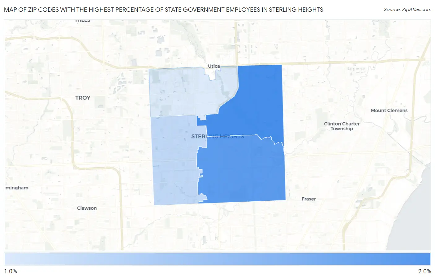 Zip Codes with the Highest Percentage of State Government Employees in Sterling Heights Map