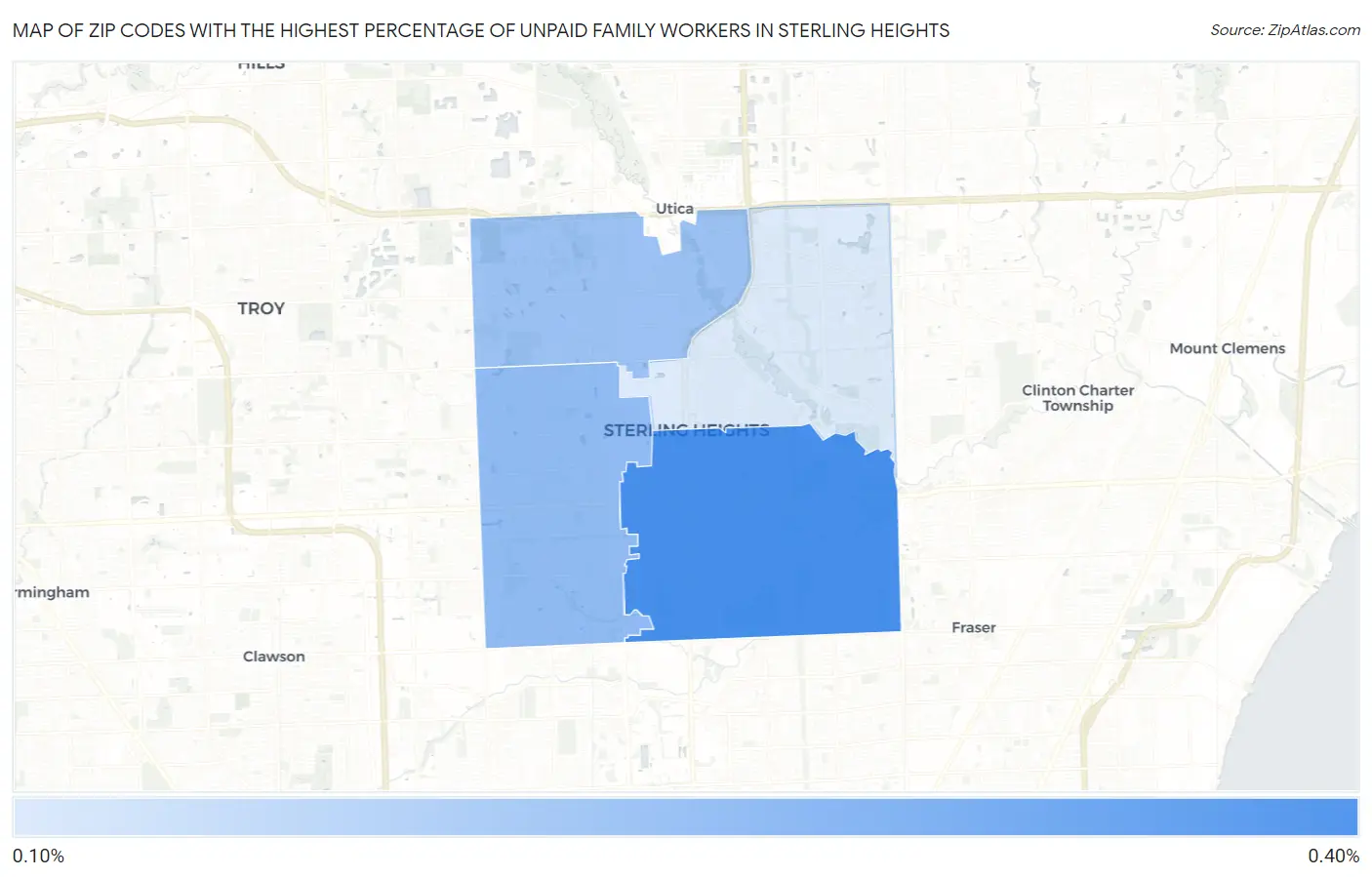 Zip Codes with the Highest Percentage of Unpaid Family Workers in Sterling Heights Map