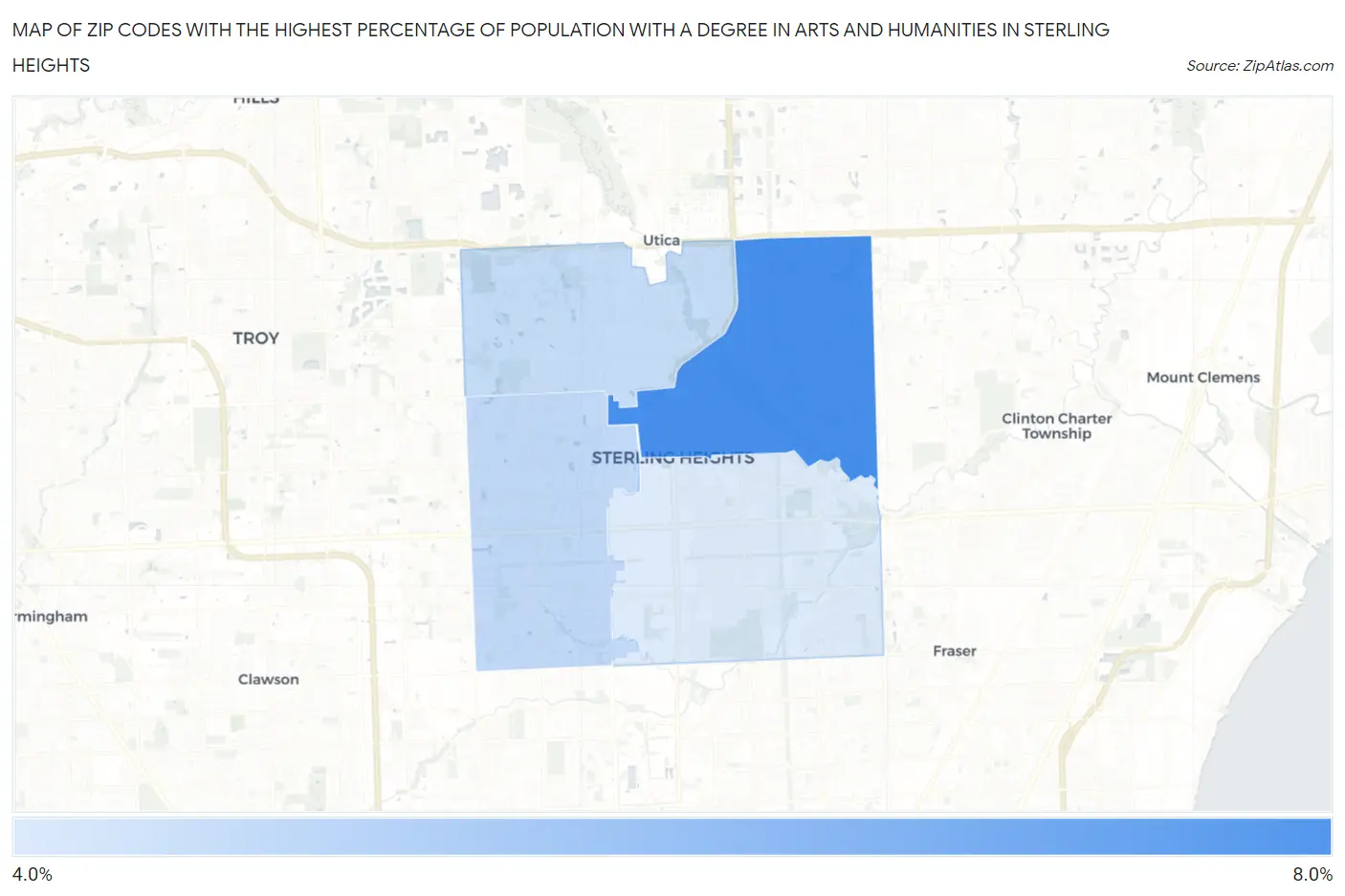Zip Codes with the Highest Percentage of Population with a Degree in Arts and Humanities in Sterling Heights Map