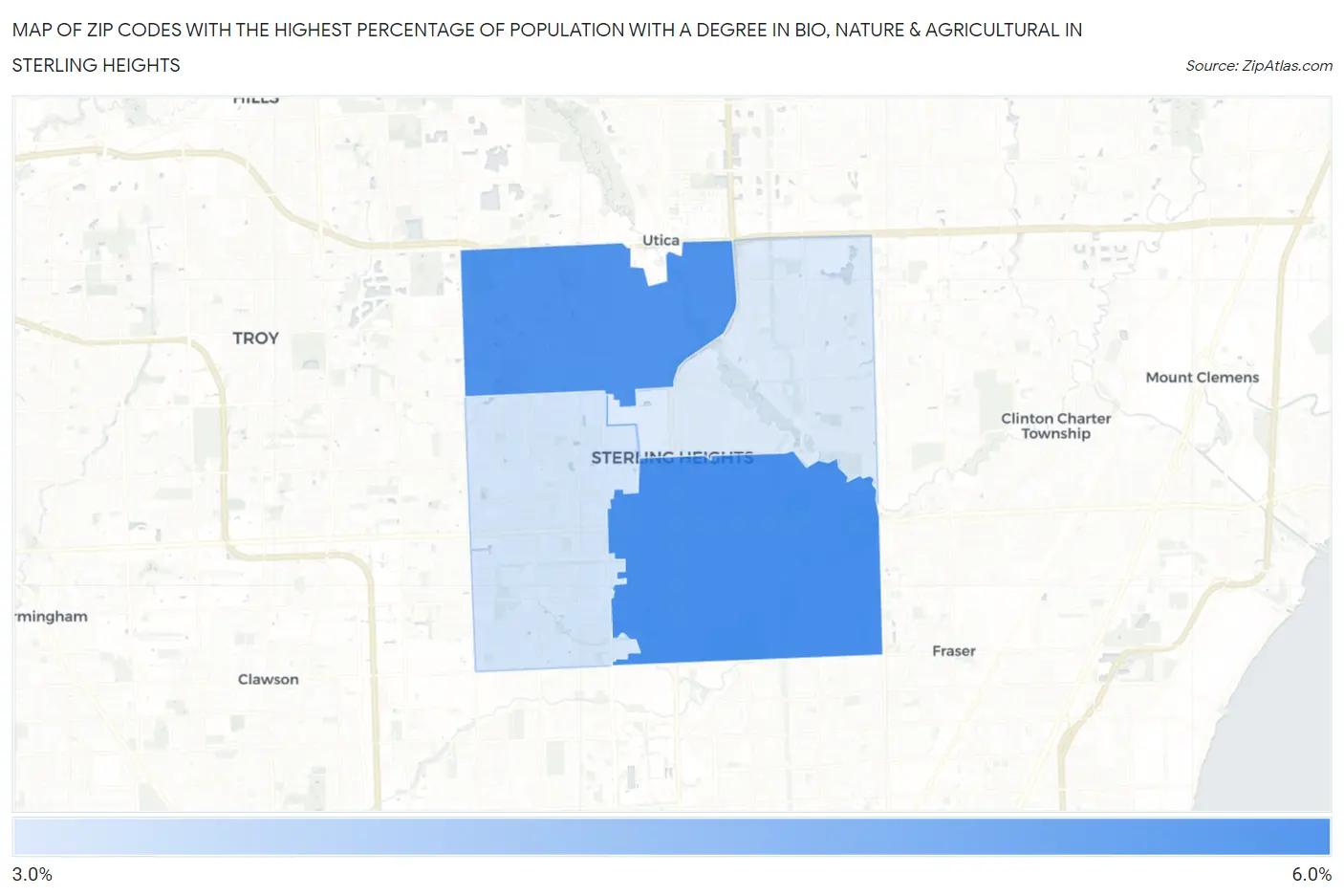 Zip Codes with the Highest Percentage of Population with a Degree in Bio, Nature & Agricultural in Sterling Heights Map