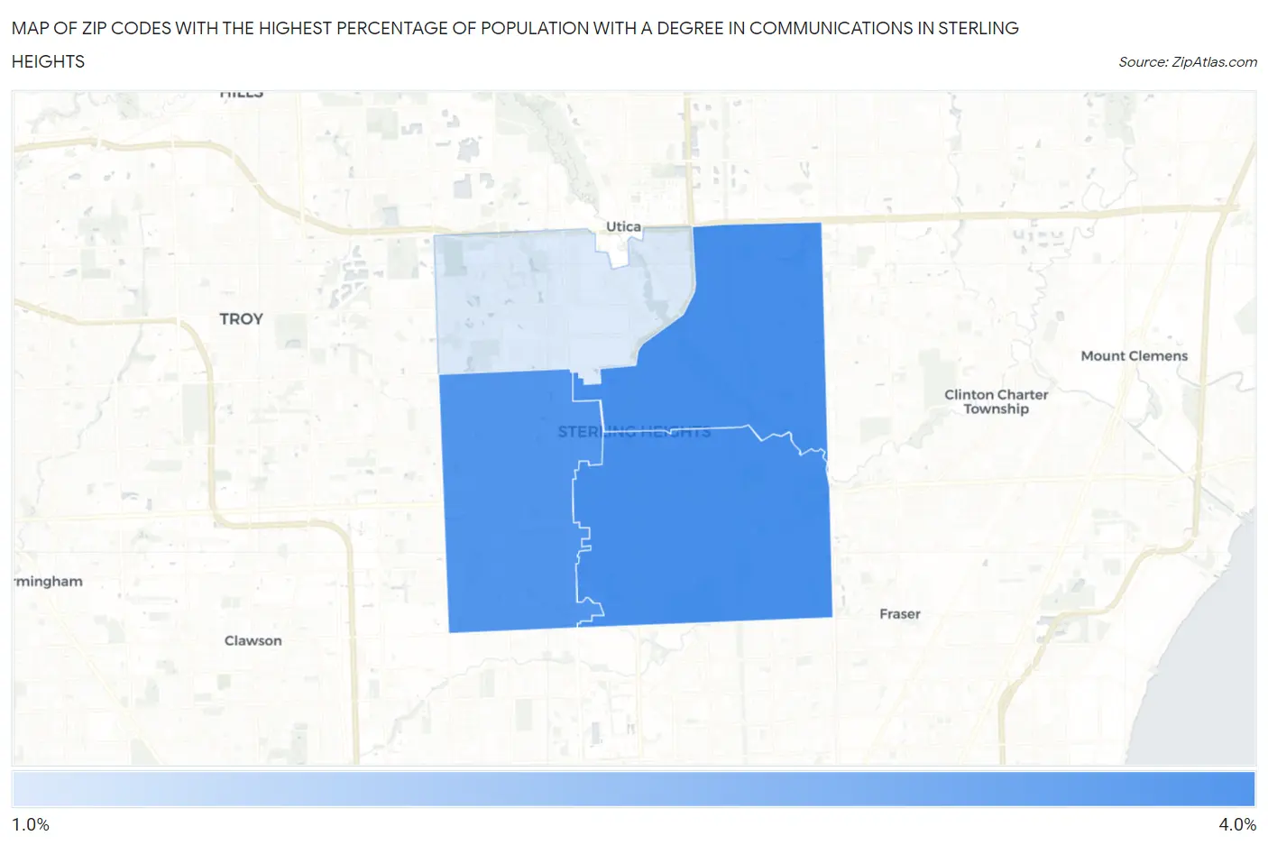 Zip Codes with the Highest Percentage of Population with a Degree in Communications in Sterling Heights Map