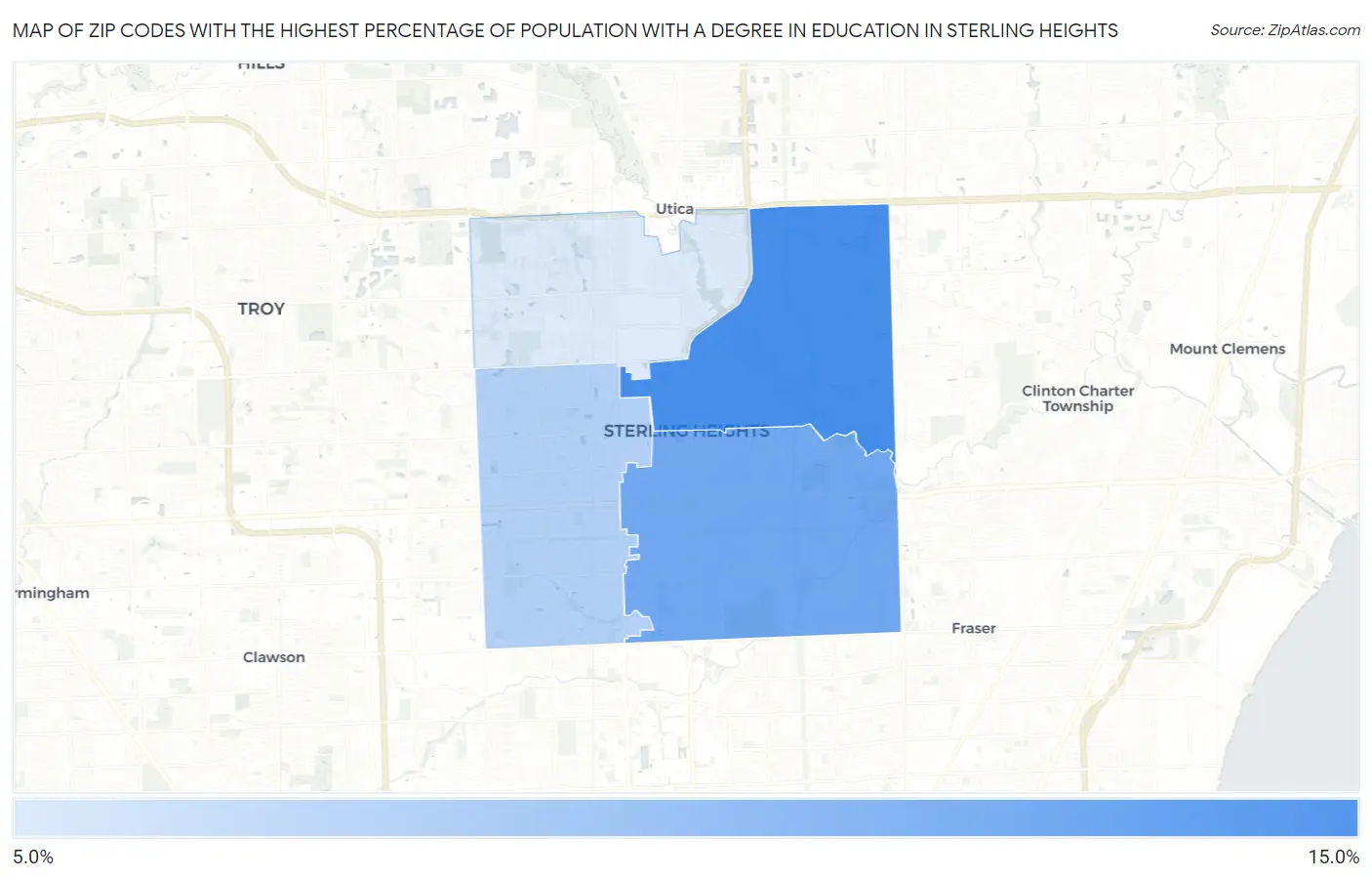 Zip Codes with the Highest Percentage of Population with a Degree in Education in Sterling Heights Map
