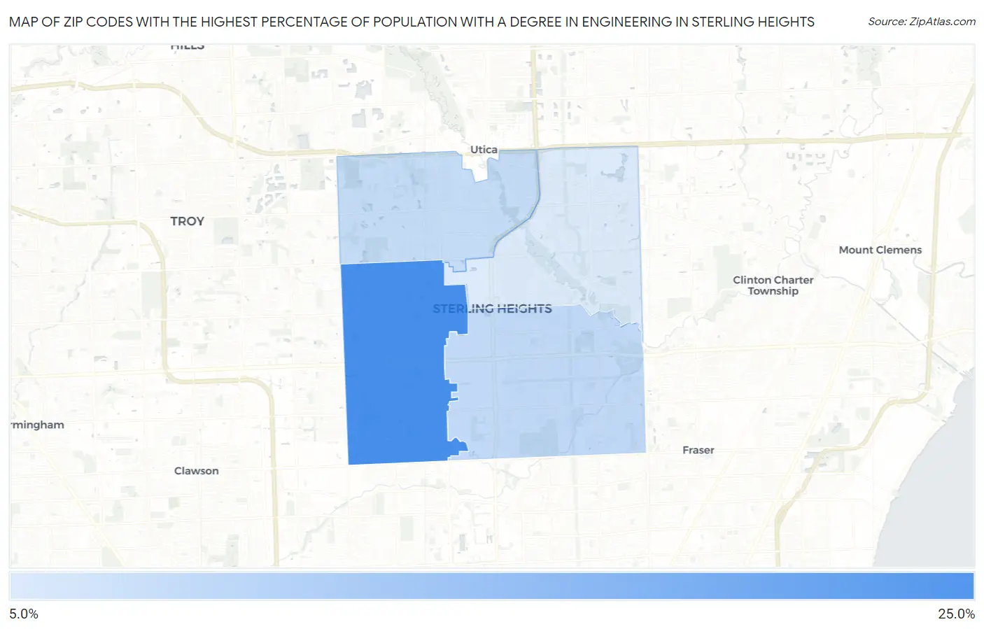 Zip Codes with the Highest Percentage of Population with a Degree in Engineering in Sterling Heights Map