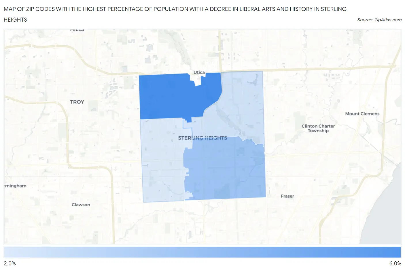 Zip Codes with the Highest Percentage of Population with a Degree in Liberal Arts and History in Sterling Heights Map