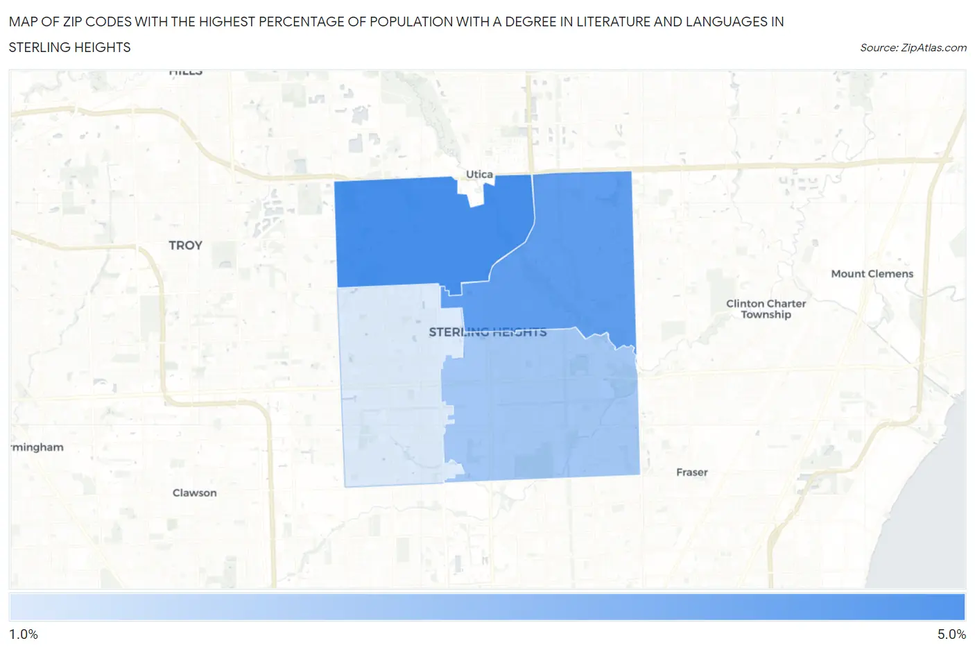 Zip Codes with the Highest Percentage of Population with a Degree in Literature and Languages in Sterling Heights Map