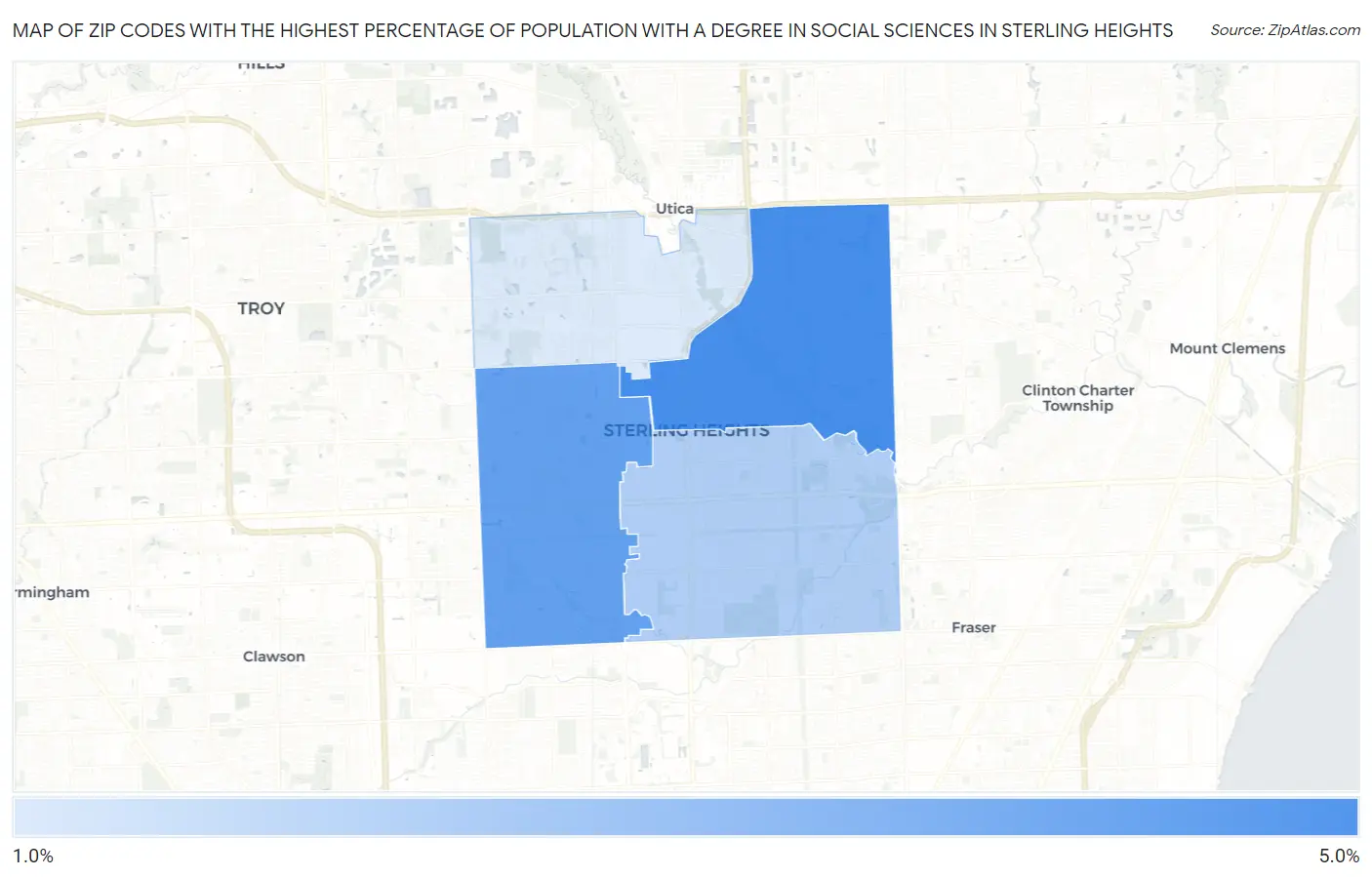 Zip Codes with the Highest Percentage of Population with a Degree in Social Sciences in Sterling Heights Map