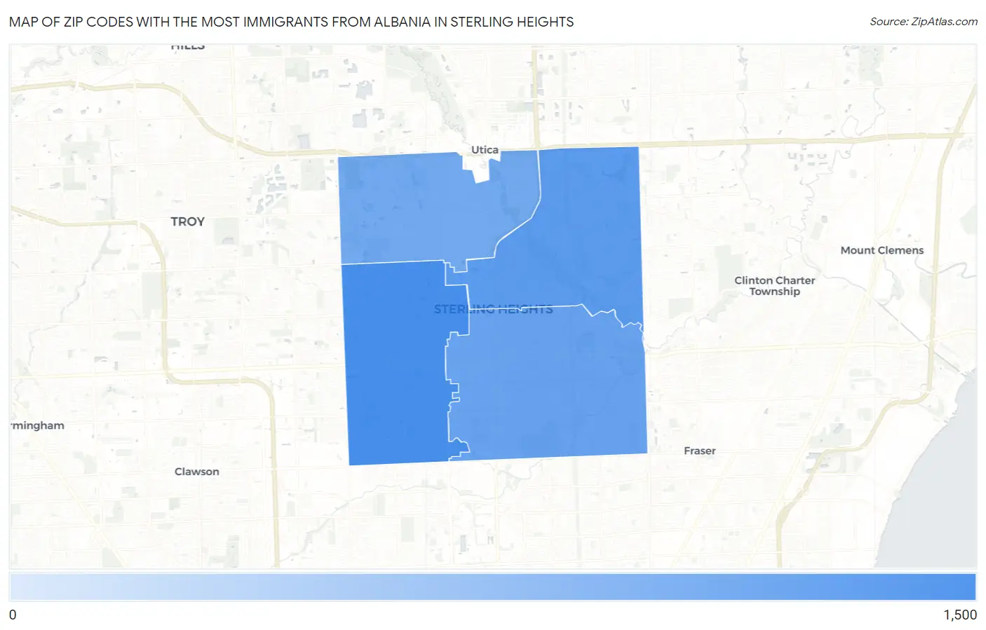 Zip Codes with the Most Immigrants from Albania in Sterling Heights Map