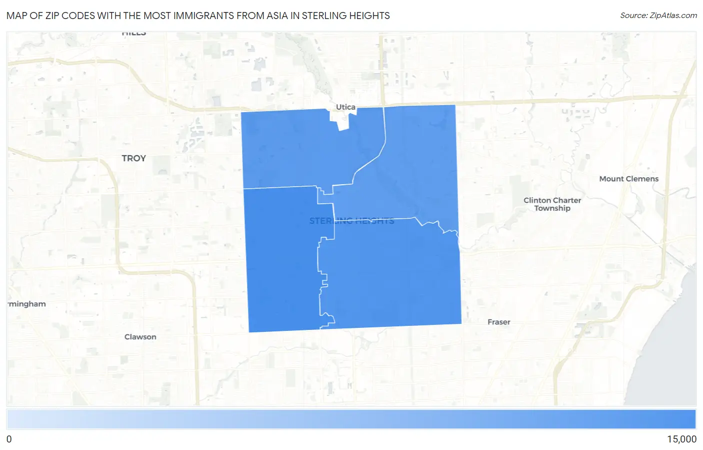 Zip Codes with the Most Immigrants from Asia in Sterling Heights Map