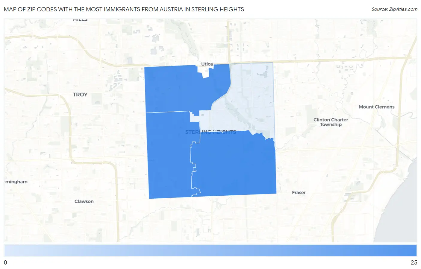 Zip Codes with the Most Immigrants from Austria in Sterling Heights Map