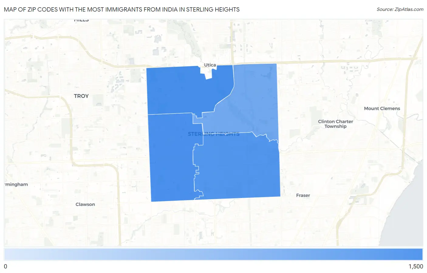 Zip Codes with the Most Immigrants from India in Sterling Heights Map