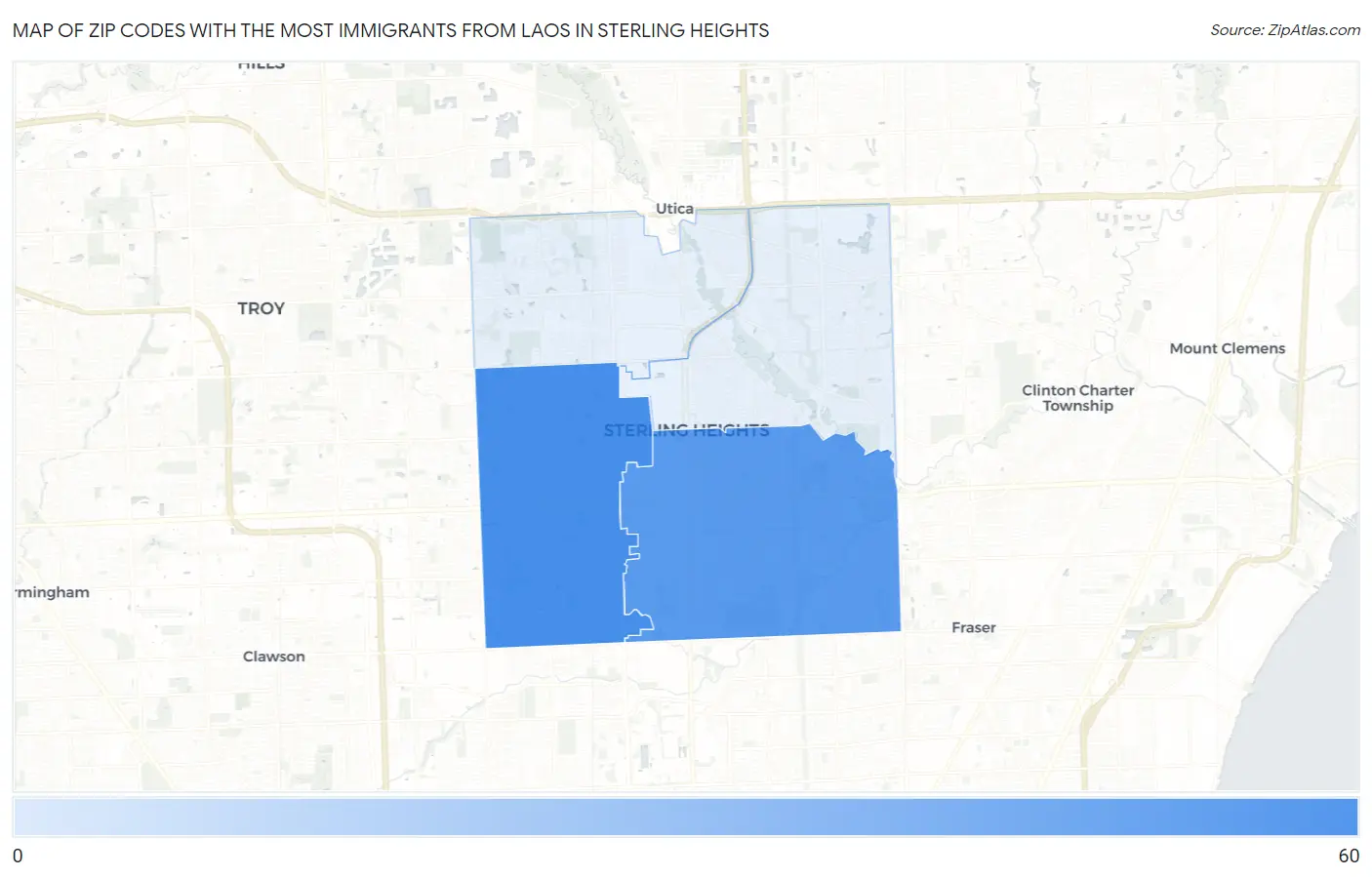 Zip Codes with the Most Immigrants from Laos in Sterling Heights Map