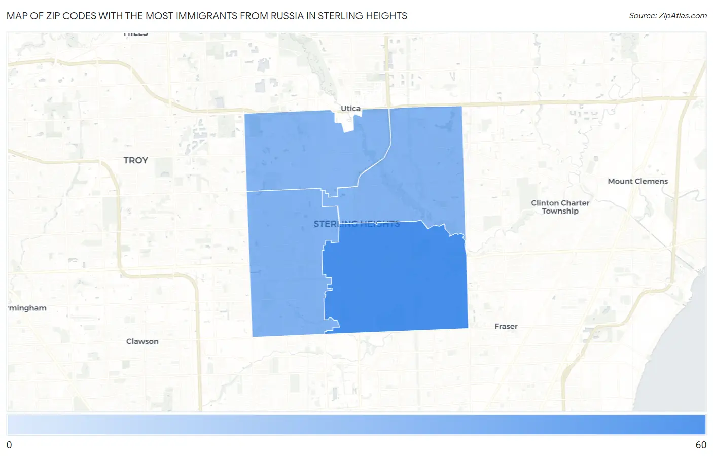 Zip Codes with the Most Immigrants from Russia in Sterling Heights Map