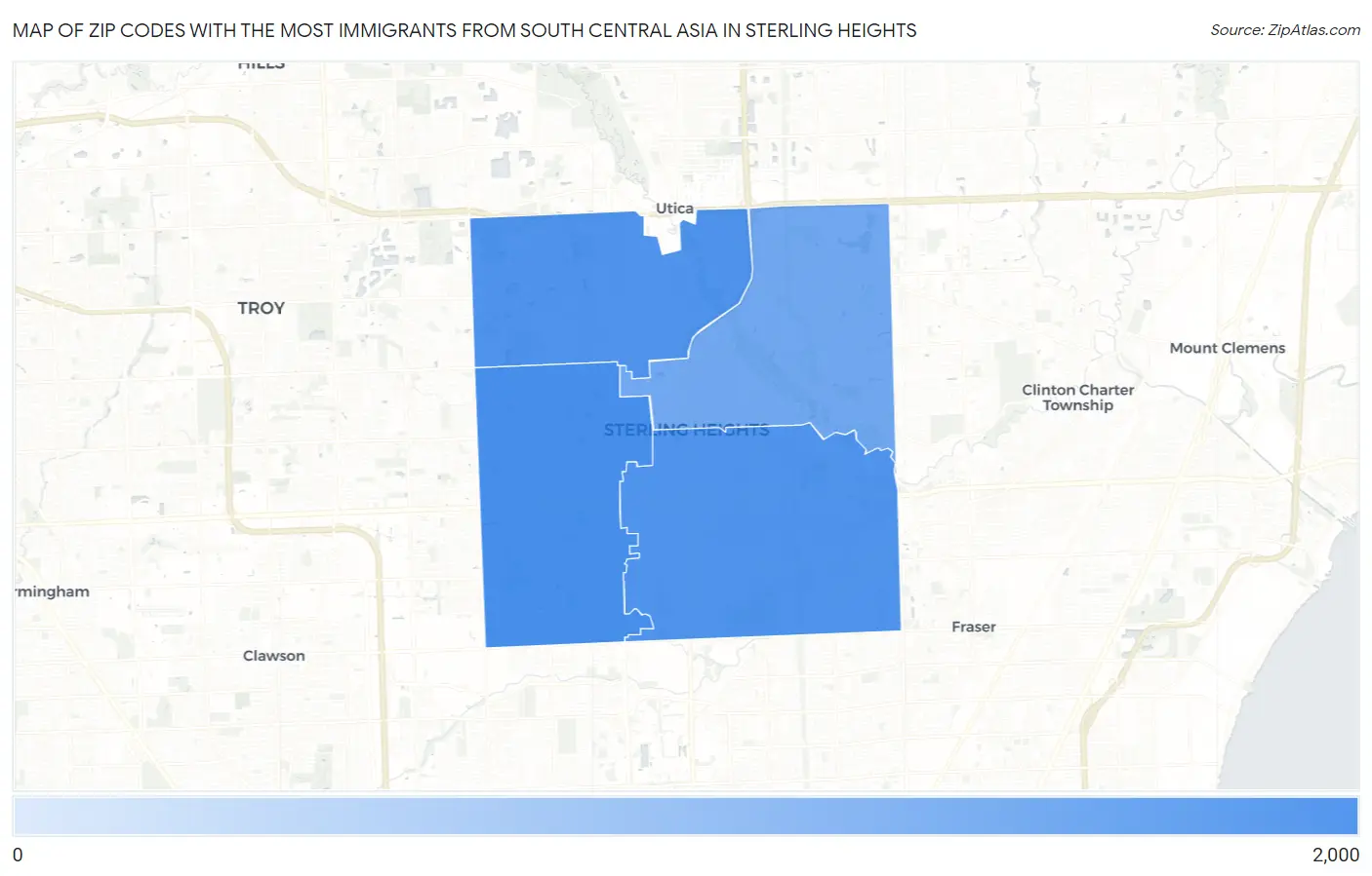 Zip Codes with the Most Immigrants from South Central Asia in Sterling Heights Map