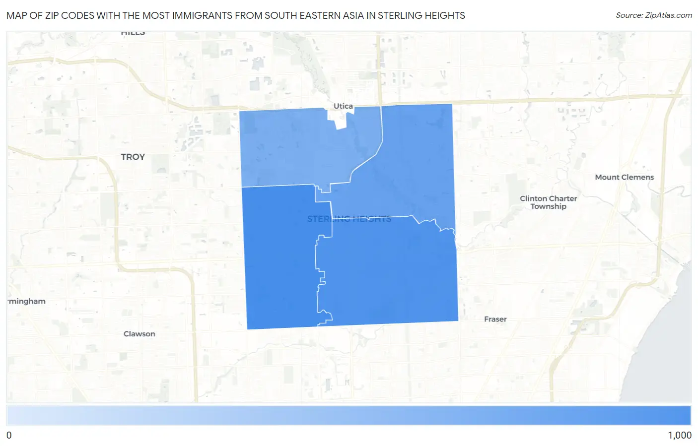 Zip Codes with the Most Immigrants from South Eastern Asia in Sterling Heights Map