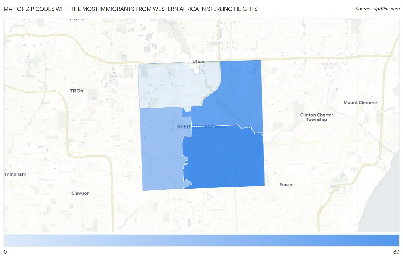 Zip Codes with the Most Immigrants from Western Africa in Sterling Heights Map