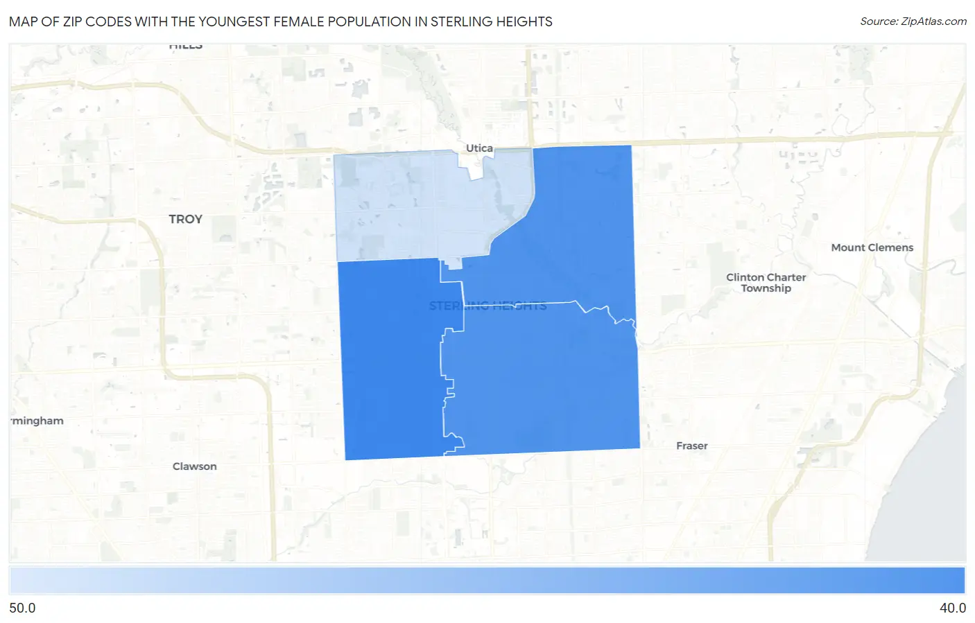 Zip Codes with the Youngest Female Population in Sterling Heights Map