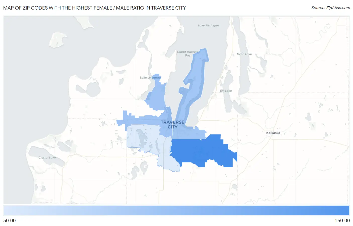 Zip Codes with the Highest Female / Male Ratio in Traverse City Map