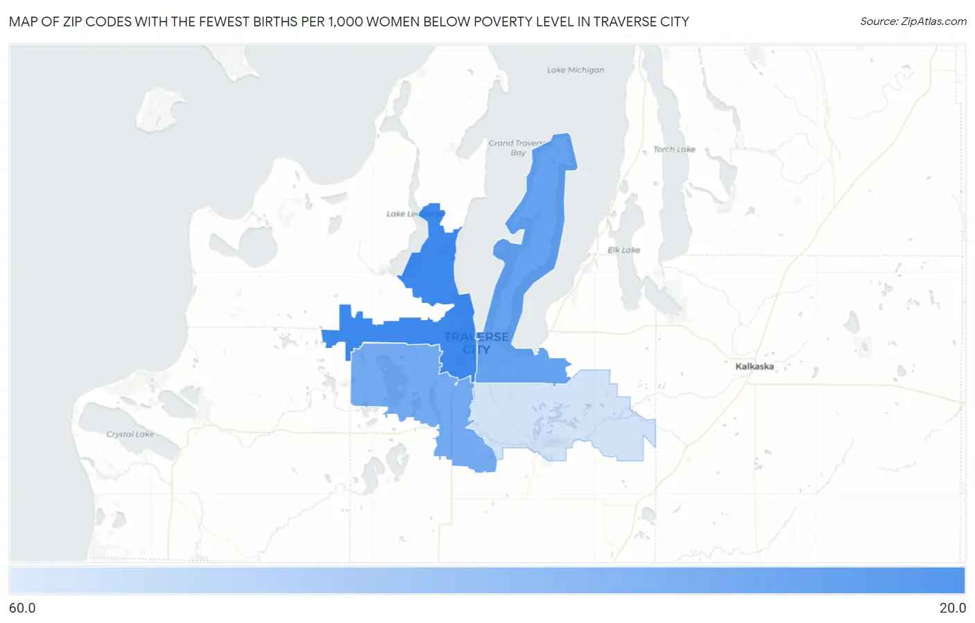 Zip Codes with the Fewest Births per 1,000 Women Below Poverty Level in Traverse City Map