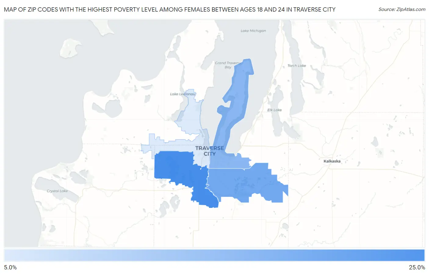 Zip Codes with the Highest Poverty Level Among Females Between Ages 18 and 24 in Traverse City Map