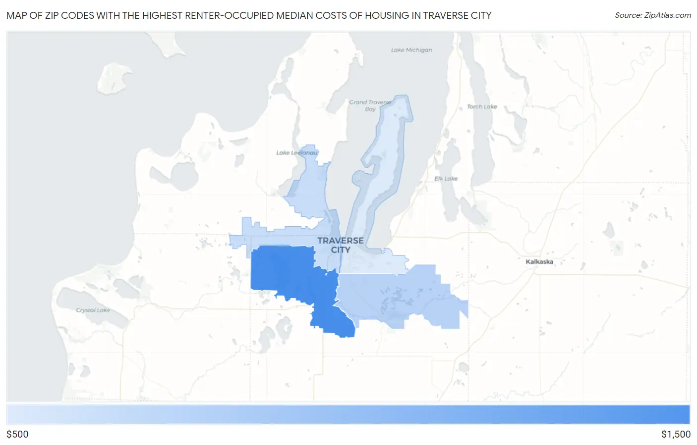 Zip Codes with the Highest Renter-Occupied Median Costs of Housing in Traverse City Map