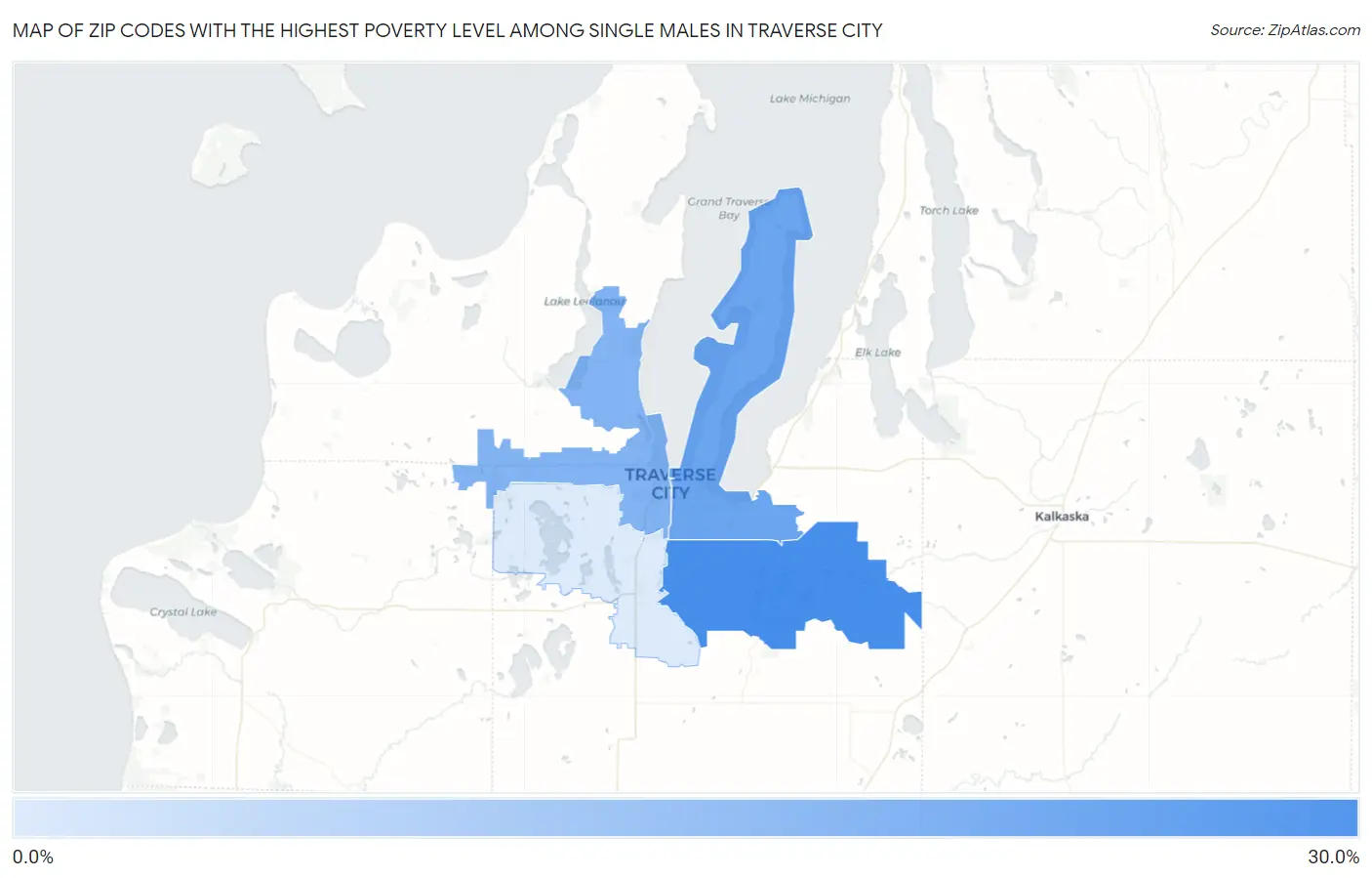 Zip Codes with the Highest Poverty Level Among Single Males in Traverse City Map