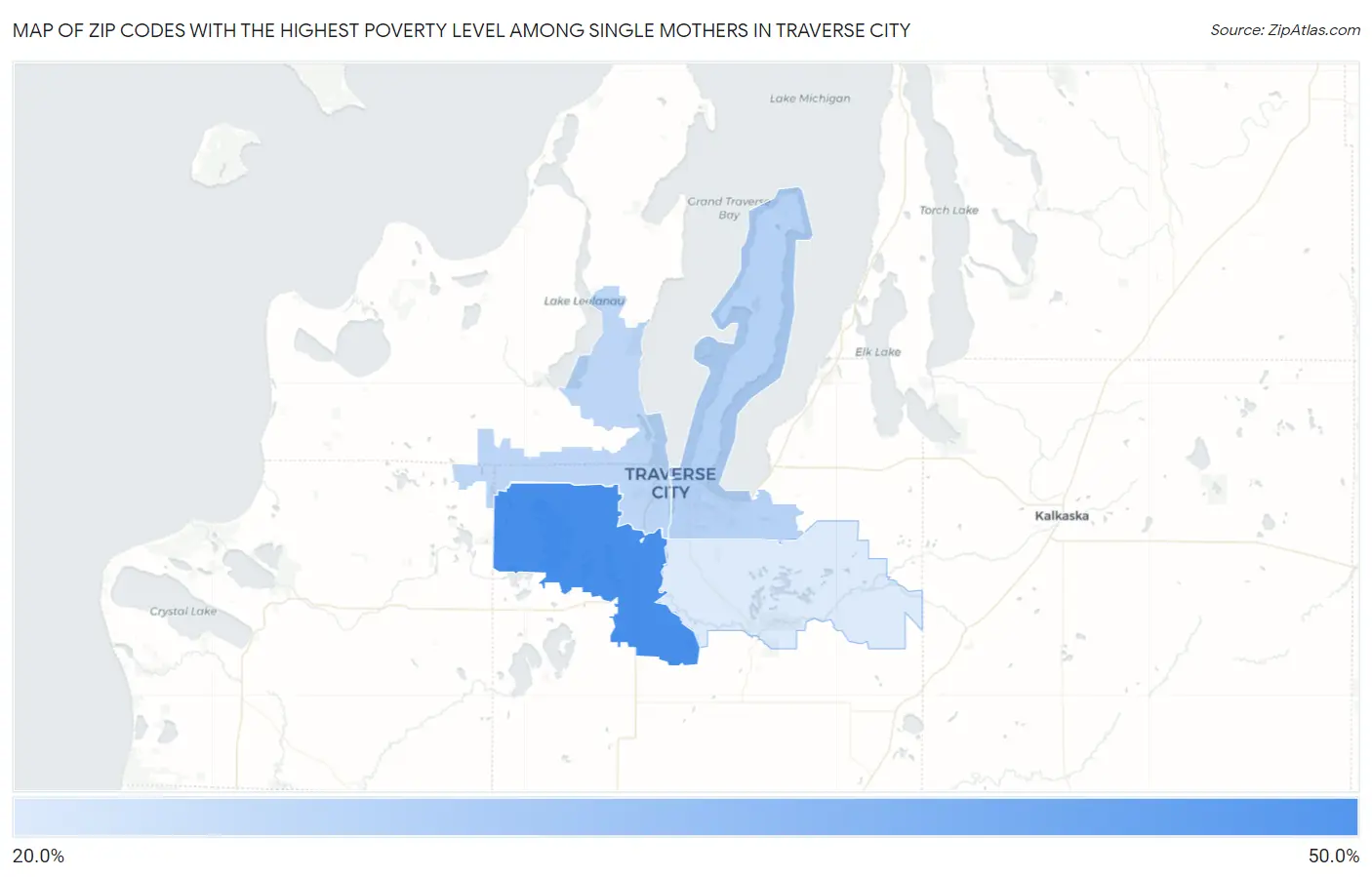 Zip Codes with the Highest Poverty Level Among Single Mothers in Traverse City Map