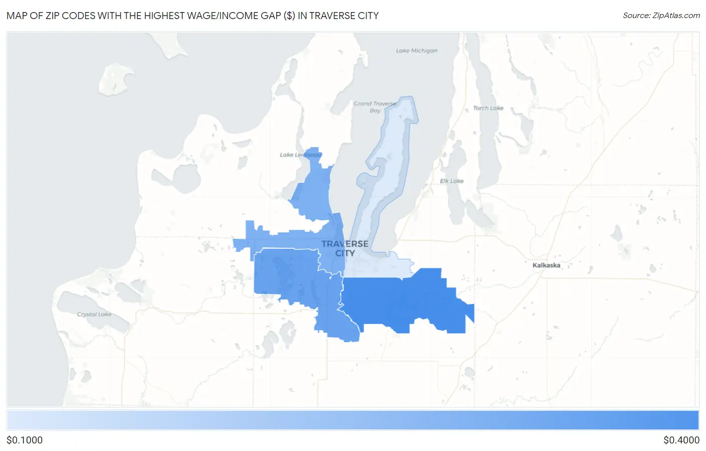 Zip Codes with the Highest Wage/Income Gap ($) in Traverse City Map