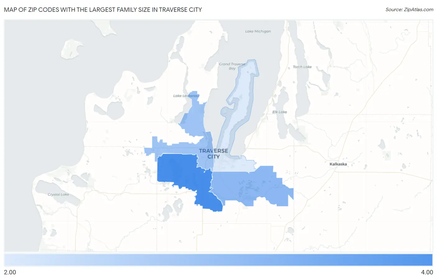 Zip Codes with the Largest Family Size in Traverse City Map