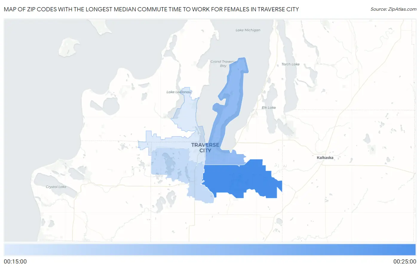 Zip Codes with the Longest Median Commute Time to Work for Females in Traverse City Map