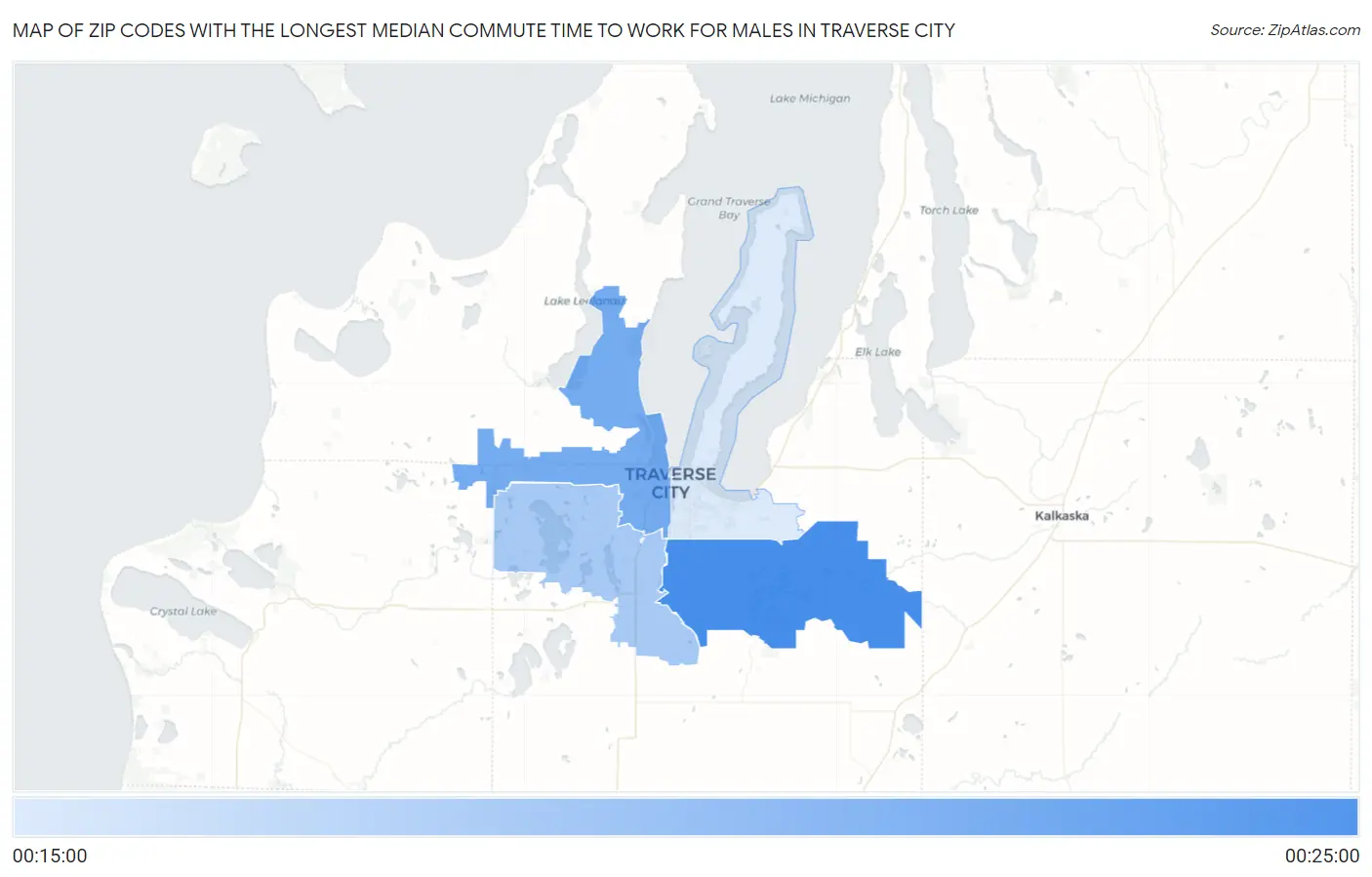 Zip Codes with the Longest Median Commute Time to Work for Males in Traverse City Map