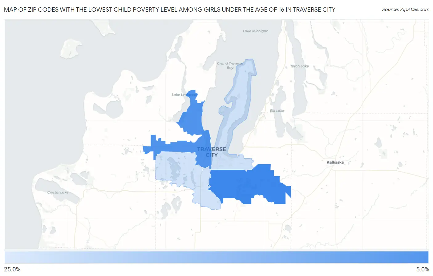 Zip Codes with the Lowest Child Poverty Level Among Girls Under the Age of 16 in Traverse City Map
