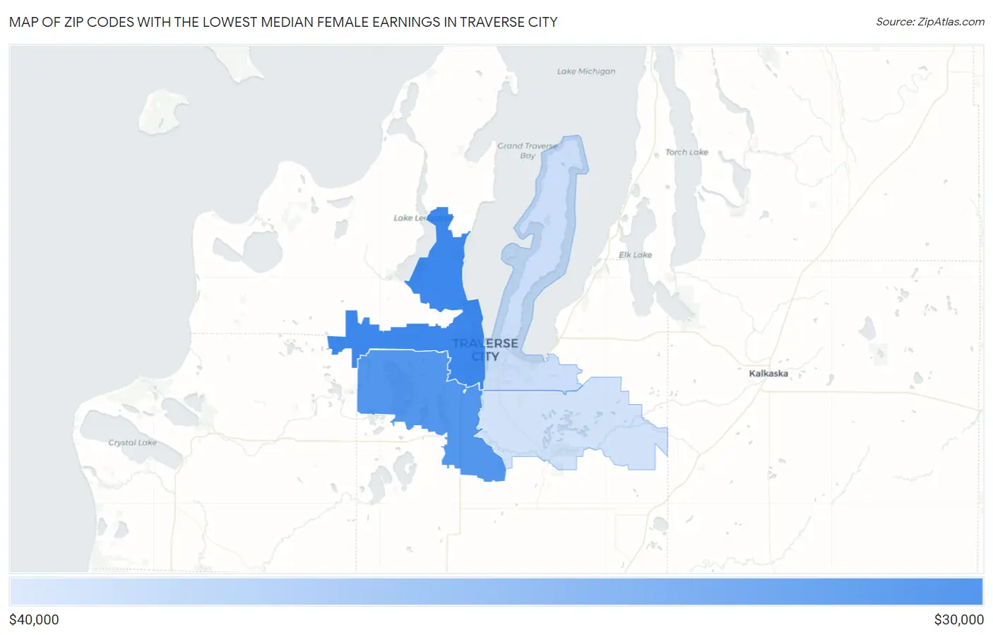 Zip Codes with the Lowest Median Female Earnings in Traverse City Map