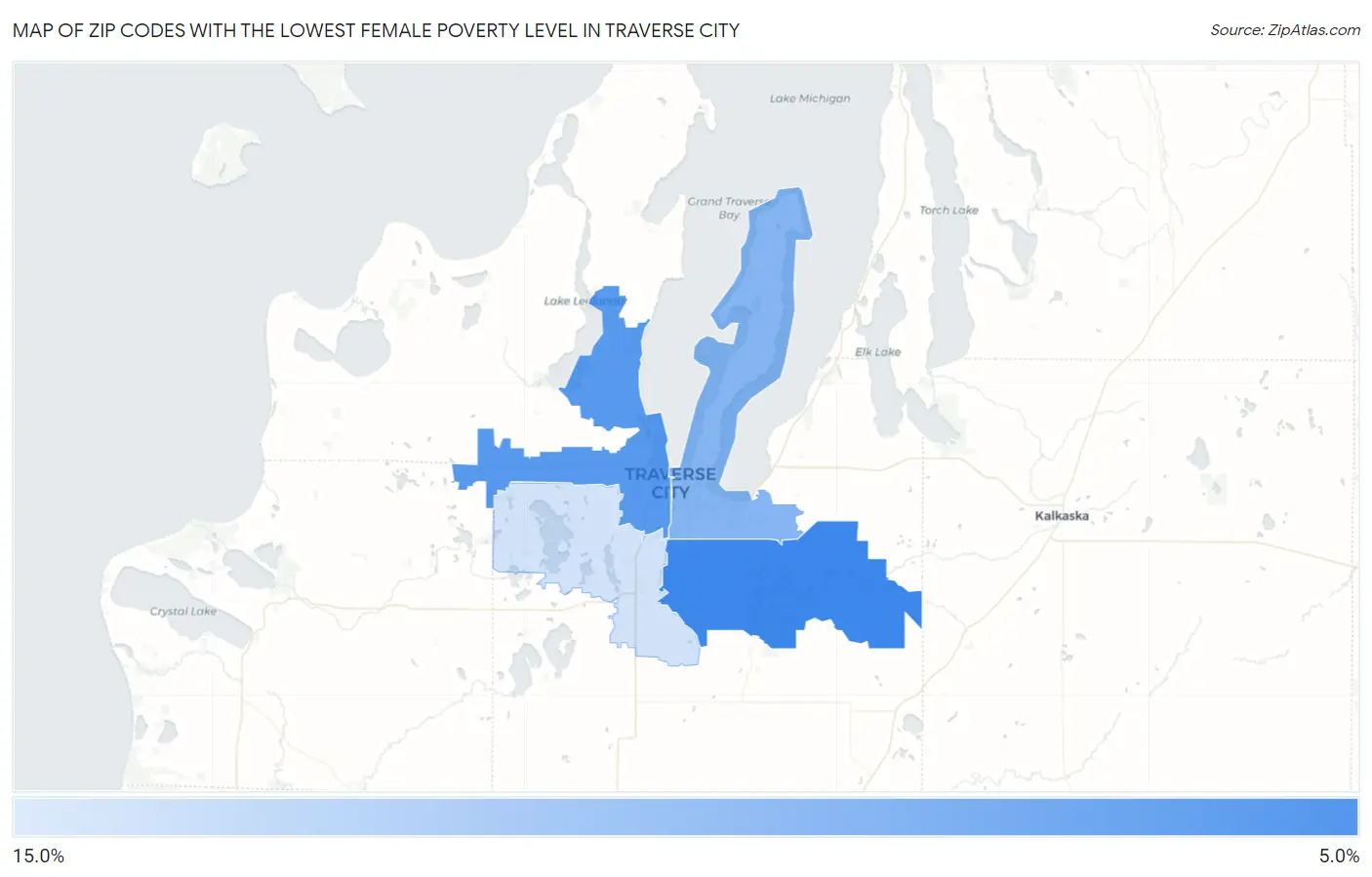 Zip Codes with the Lowest Female Poverty Level in Traverse City Map