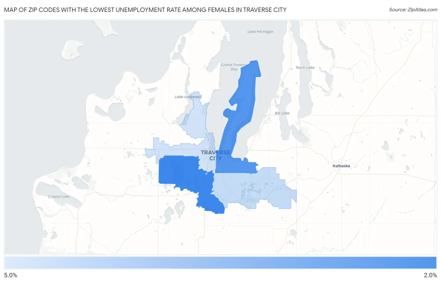 Zip Codes with the Lowest Unemployment Rate Among Females in Traverse City Map