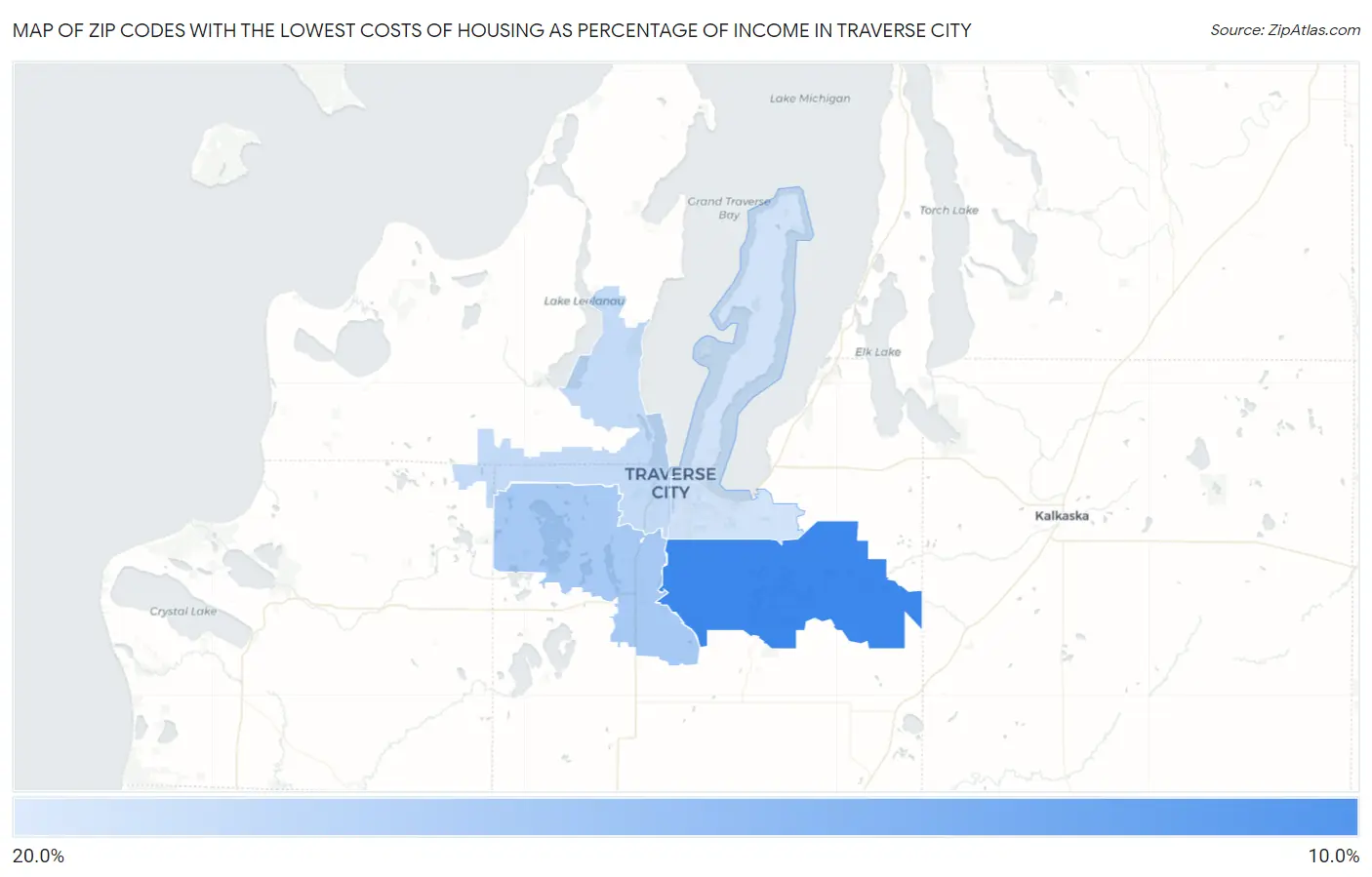 Zip Codes with the Lowest Costs of Housing as Percentage of Income in Traverse City Map