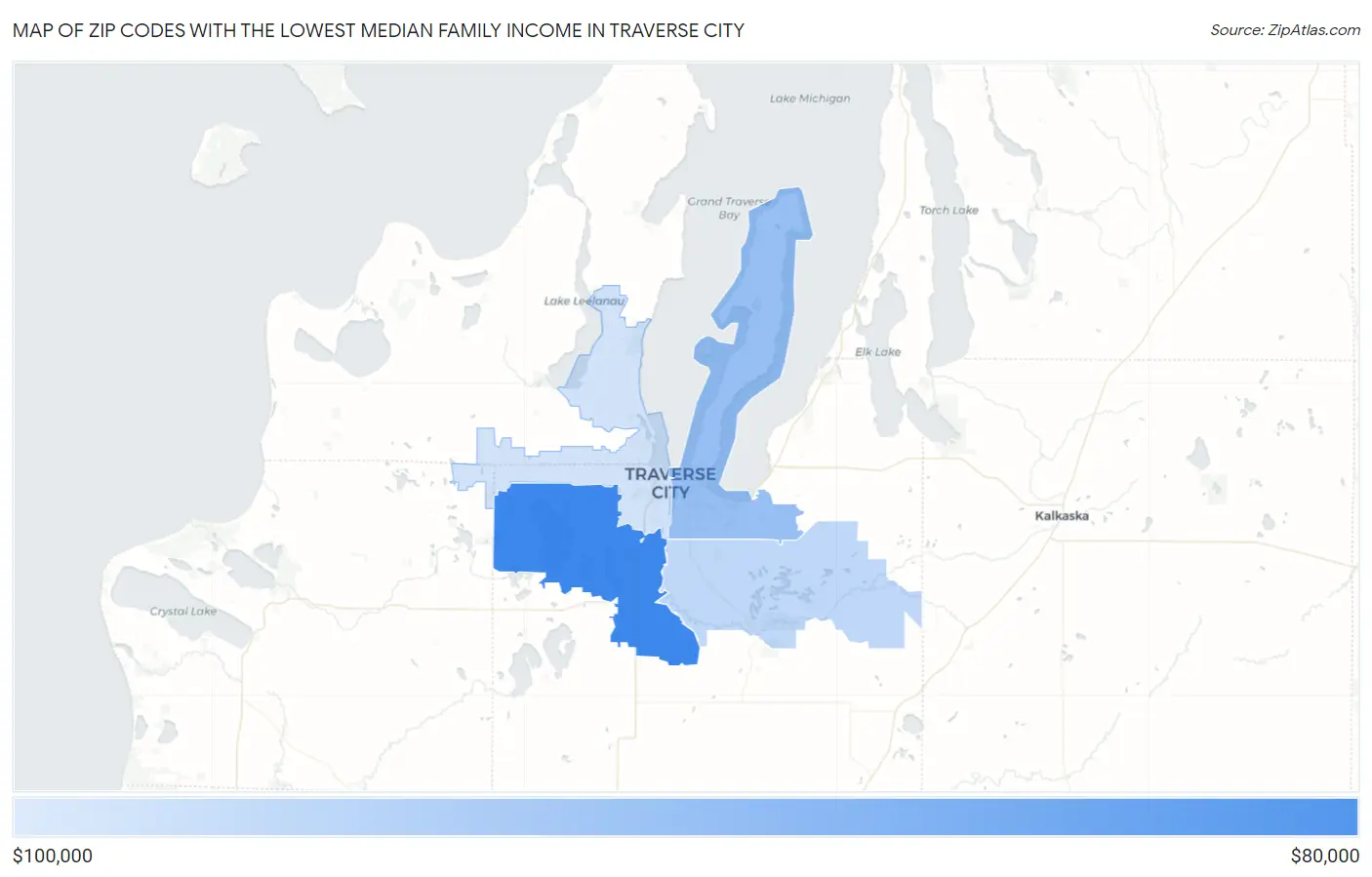 Zip Codes with the Lowest Median Family Income in Traverse City Map