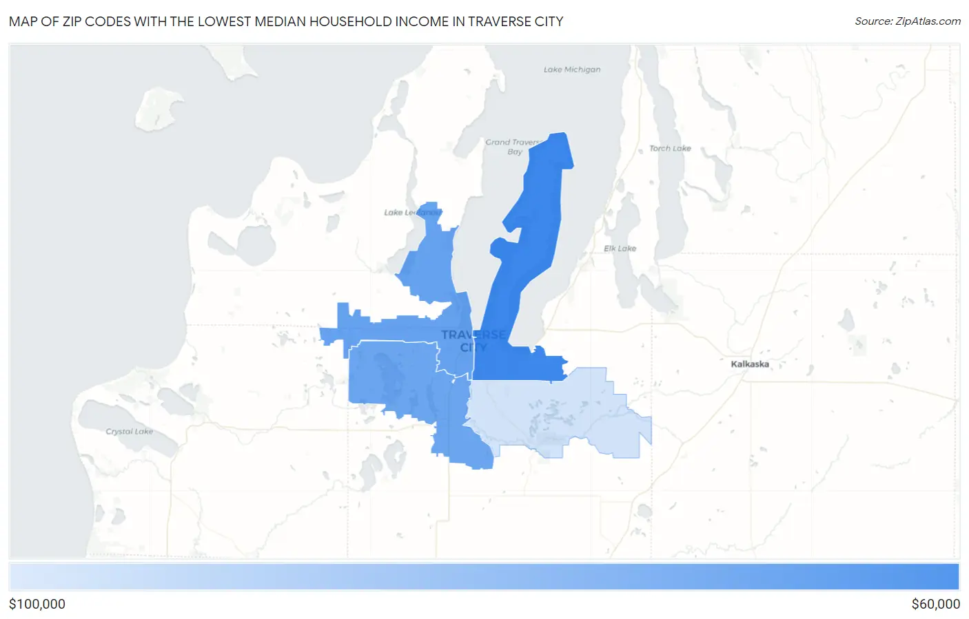 Zip Codes with the Lowest Median Household Income in Traverse City Map