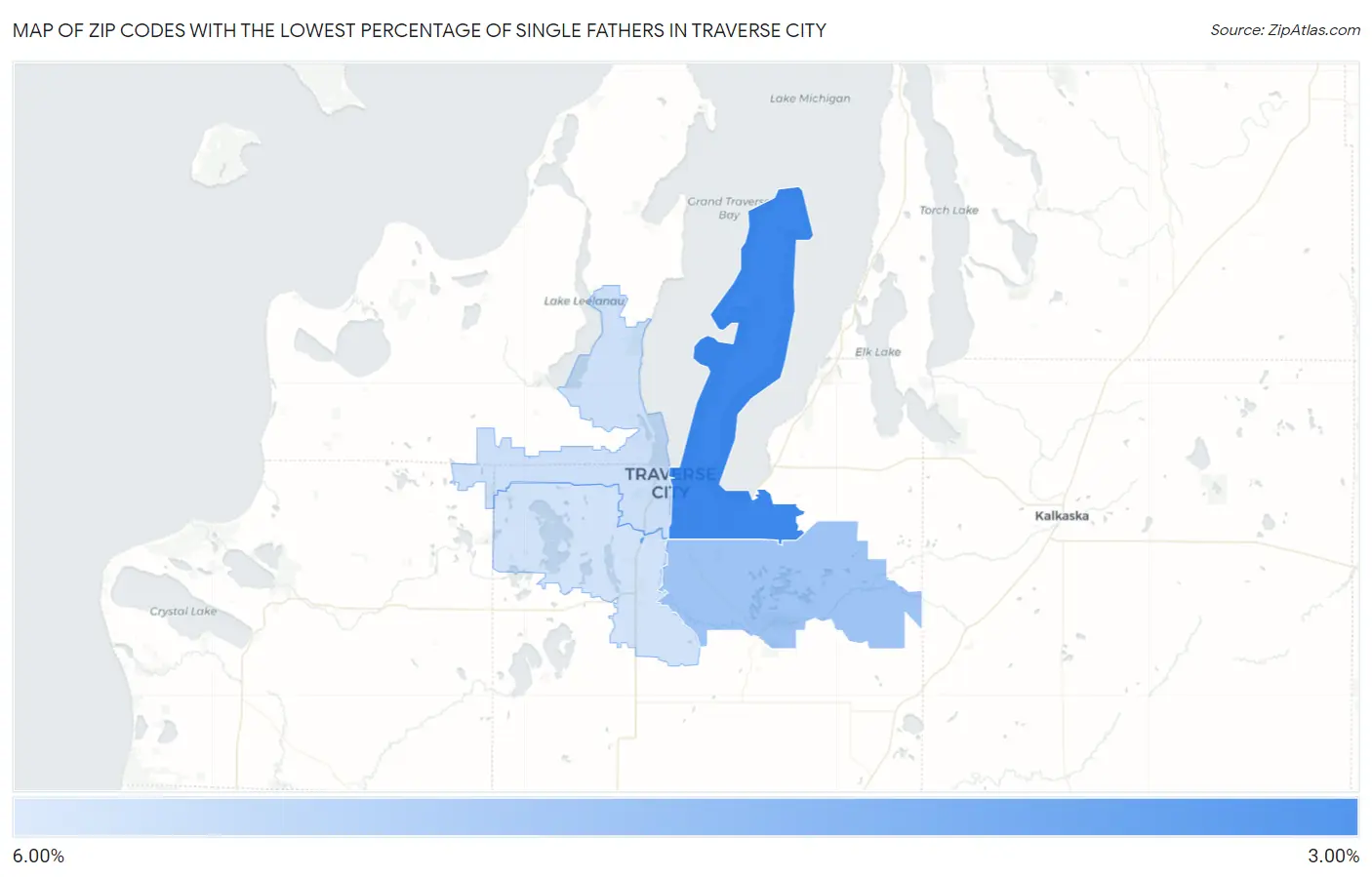 Zip Codes with the Lowest Percentage of Single Fathers in Traverse City Map