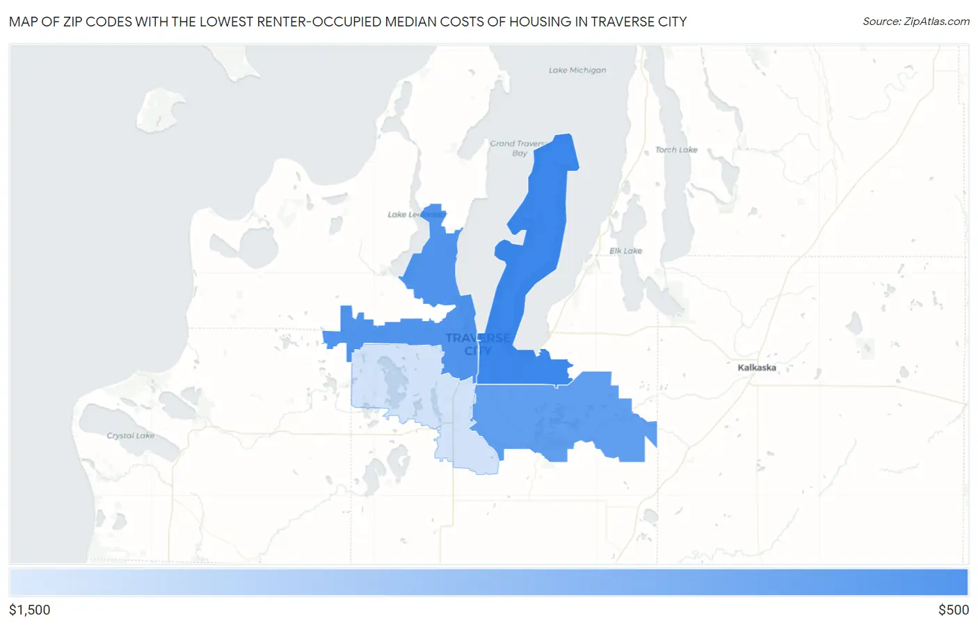 Zip Codes with the Lowest Renter-Occupied Median Costs of Housing in Traverse City Map