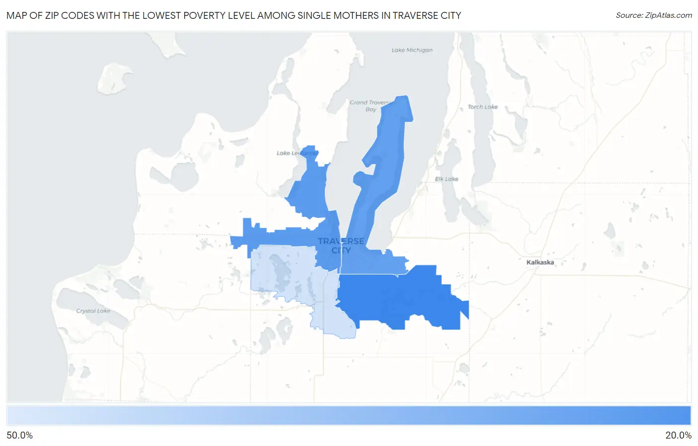 Zip Codes with the Lowest Poverty Level Among Single Mothers in Traverse City Map
