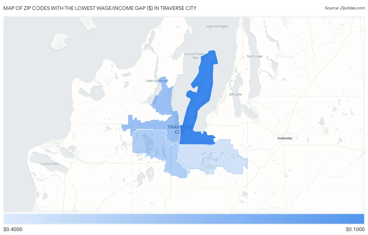 Zip Codes with the Lowest Wage/Income Gap ($) in Traverse City Map