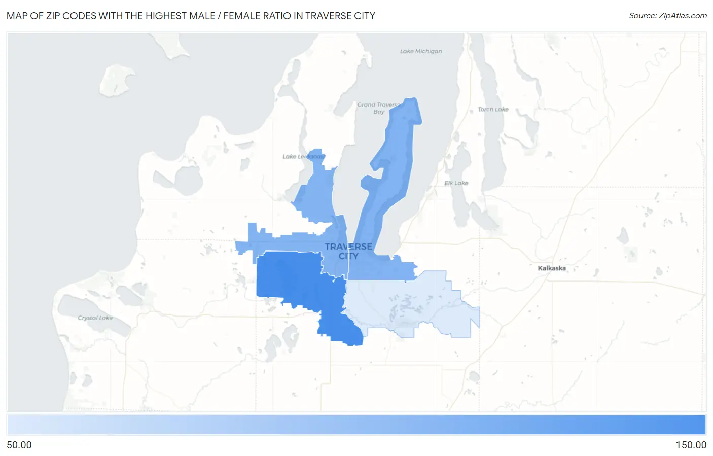 Zip Codes with the Highest Male / Female Ratio in Traverse City Map