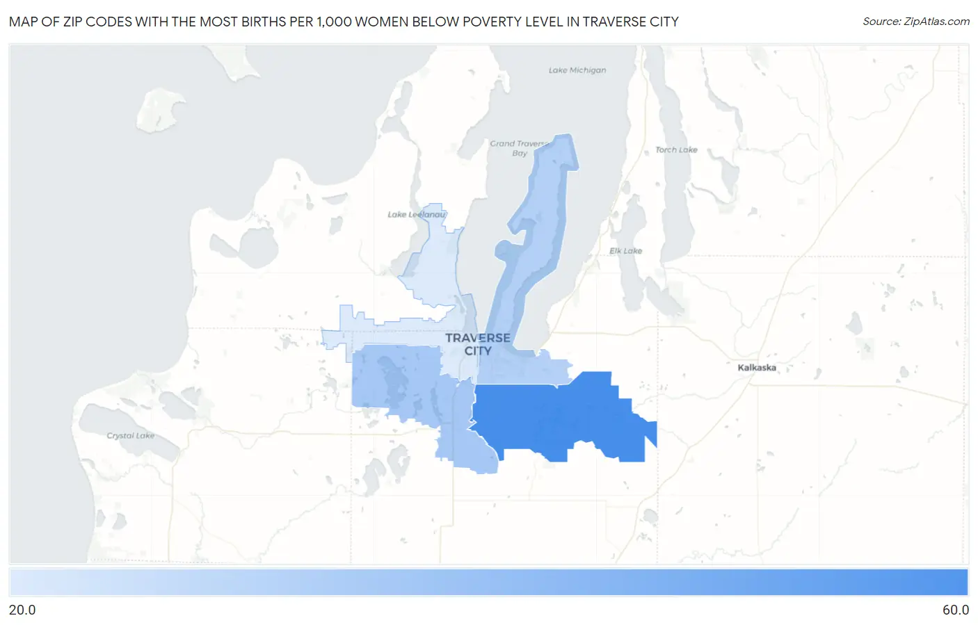 Zip Codes with the Most Births per 1,000 Women Below Poverty Level in Traverse City Map