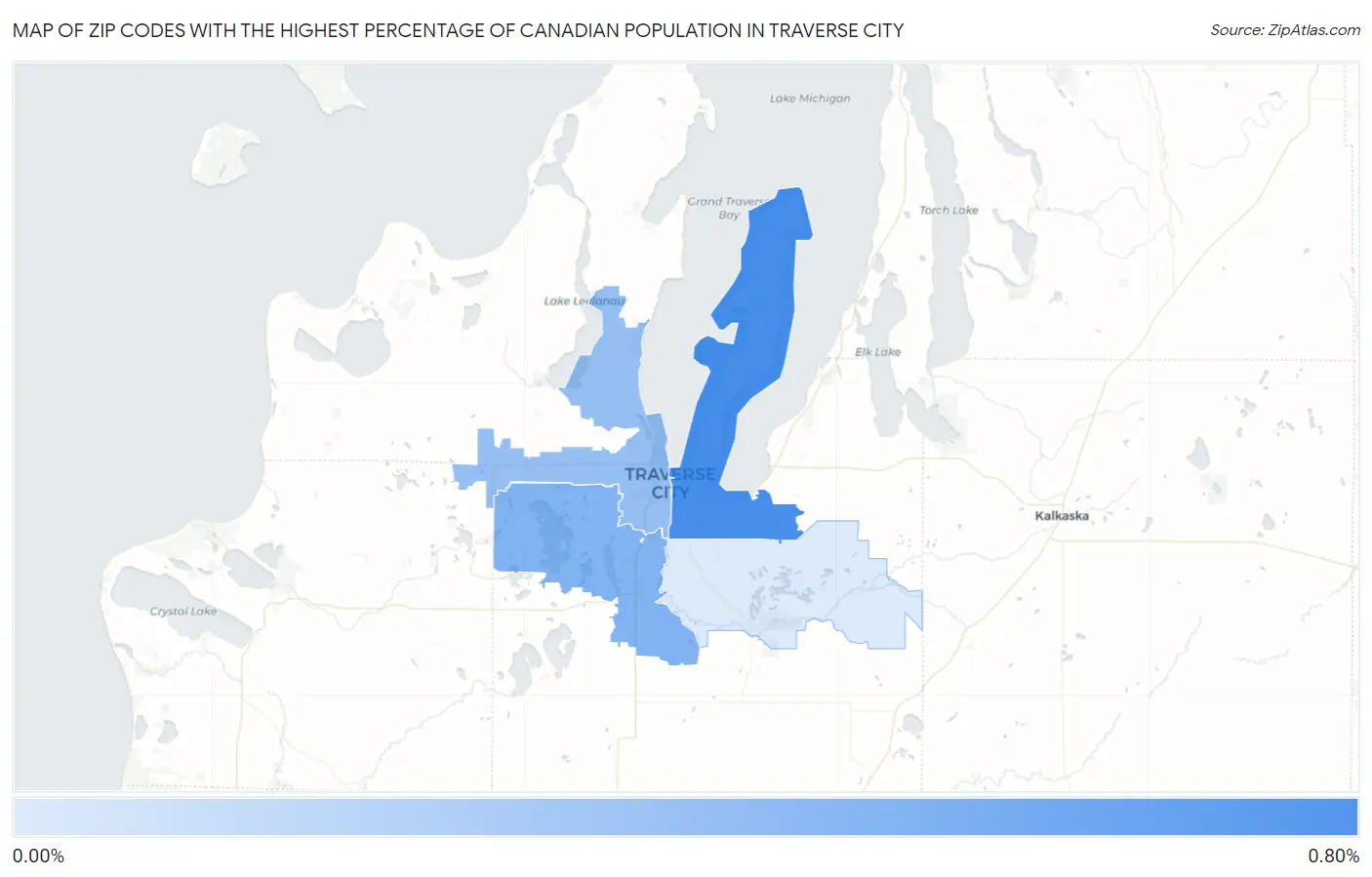 Zip Codes with the Highest Percentage of Canadian Population in Traverse City Map