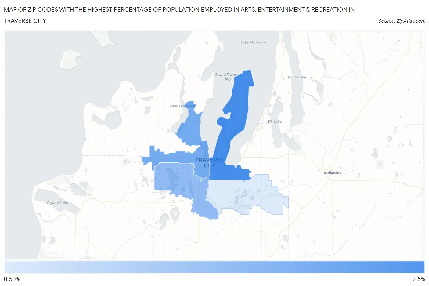 Zip Codes with the Highest Percentage of Population Employed in Arts, Entertainment & Recreation in Traverse City Map