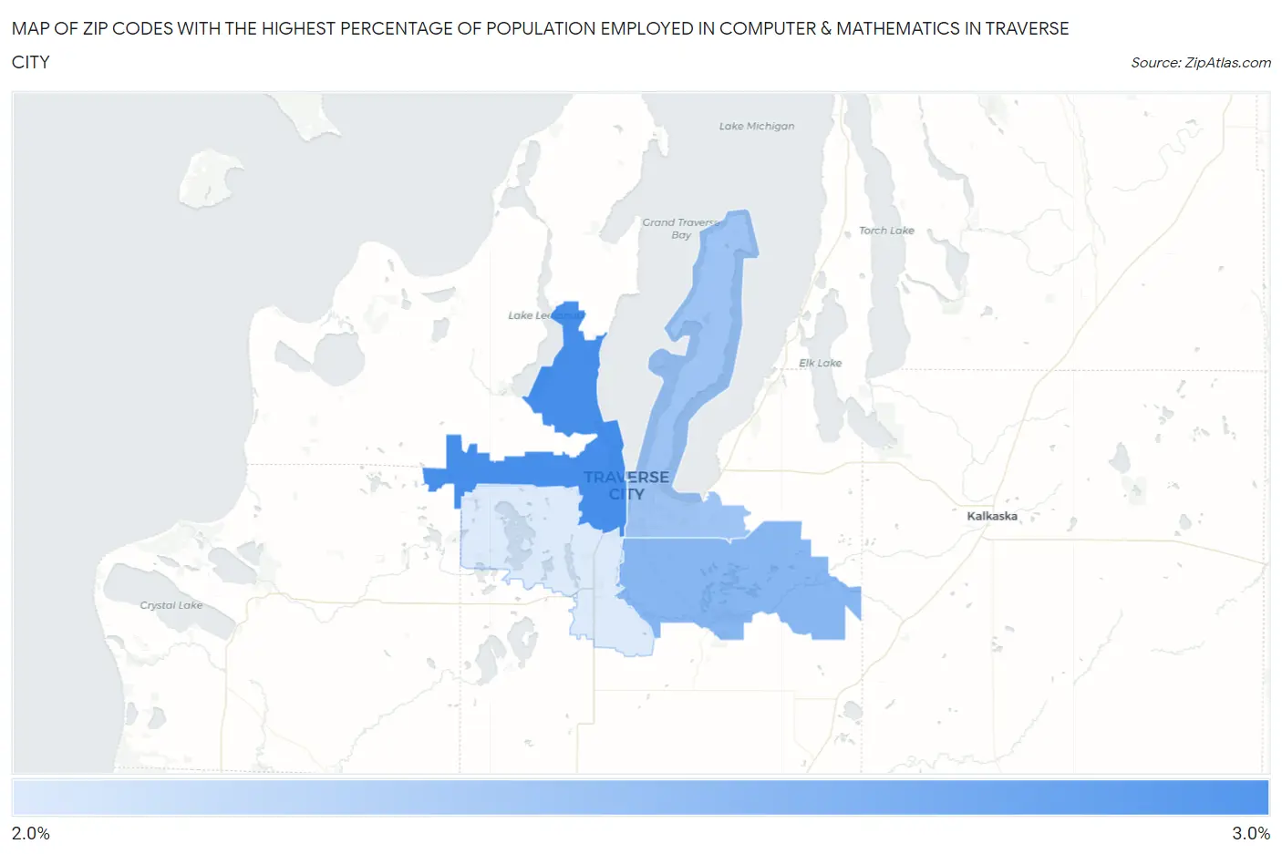 Zip Codes with the Highest Percentage of Population Employed in Computer & Mathematics in Traverse City Map