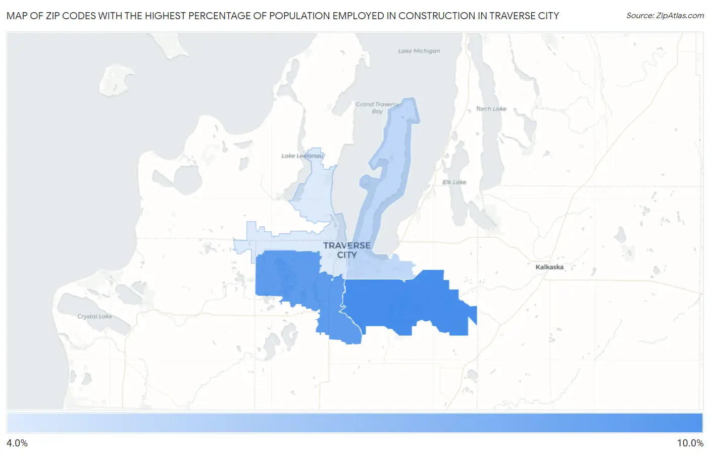 Zip Codes with the Highest Percentage of Population Employed in Construction in Traverse City Map