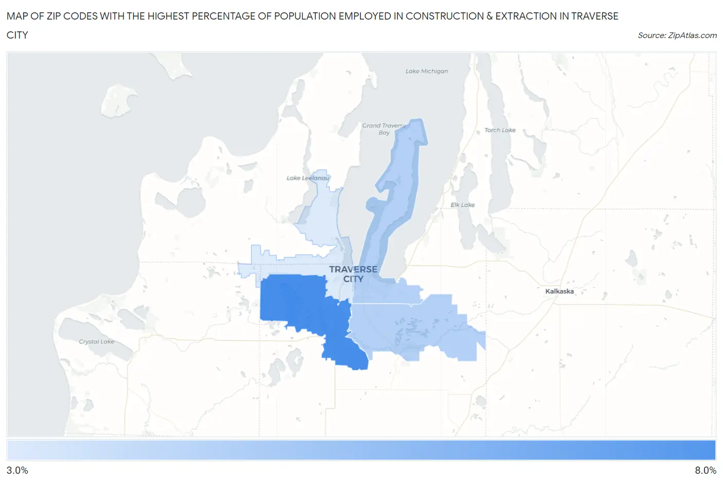 Zip Codes with the Highest Percentage of Population Employed in Construction & Extraction in Traverse City Map